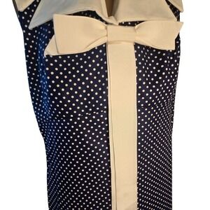 True Vtg Iconic 70s Navy Polka Dot Bow Collar V-Neck Halter Maxi Wedding Guest